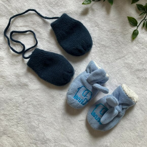 Baby Mittens Bundle 0-9M | Navy Knit String Mitts + Blue Fleece Bonus Pair - Picture 1 of 10